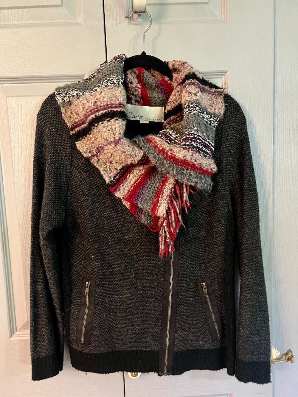 Curio New York Fringe Cardigan Sweater Grey Purple Pink